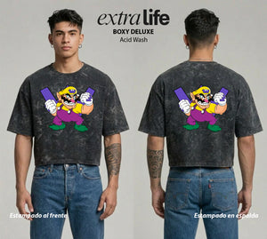 Playera streetwear premium de anime y gaming ExtraLife MX, corte boxy deluxe mineral wash heavyweight en color Acid Wash, moda urbana mexicana de culto.