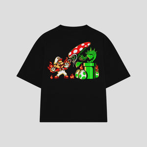 Playera streetwear premium de anime y gaming ExtraLife MX, corte boxy oversized drop shoulder heavyweight en color Deep Black y Off-White, moda urbana mexicana de culto.