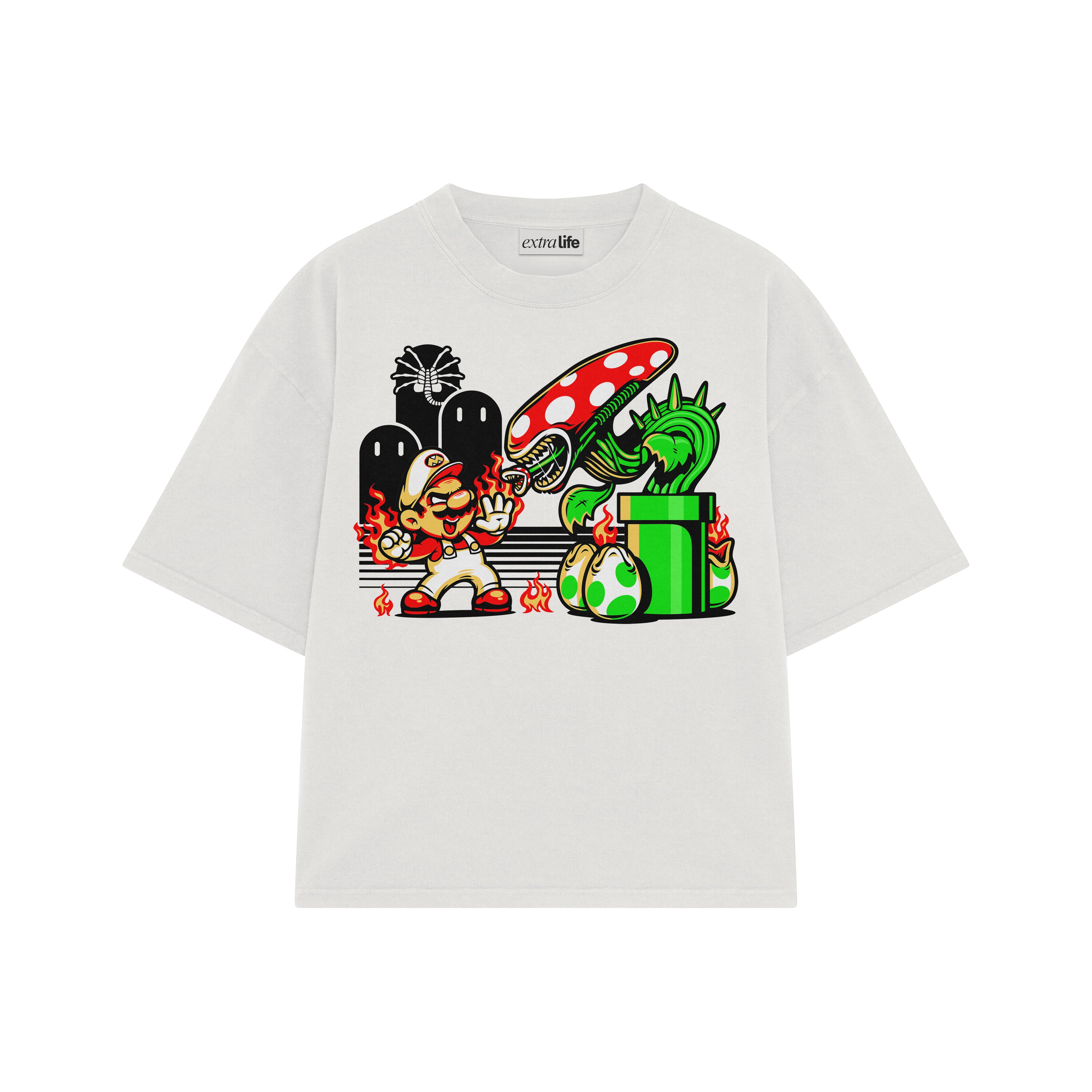 Playera streetwear premium de anime y gaming ExtraLife MX, corte boxy oversized drop shoulder heavyweight en color Deep Black y Off-White, moda urbana mexicana de culto.