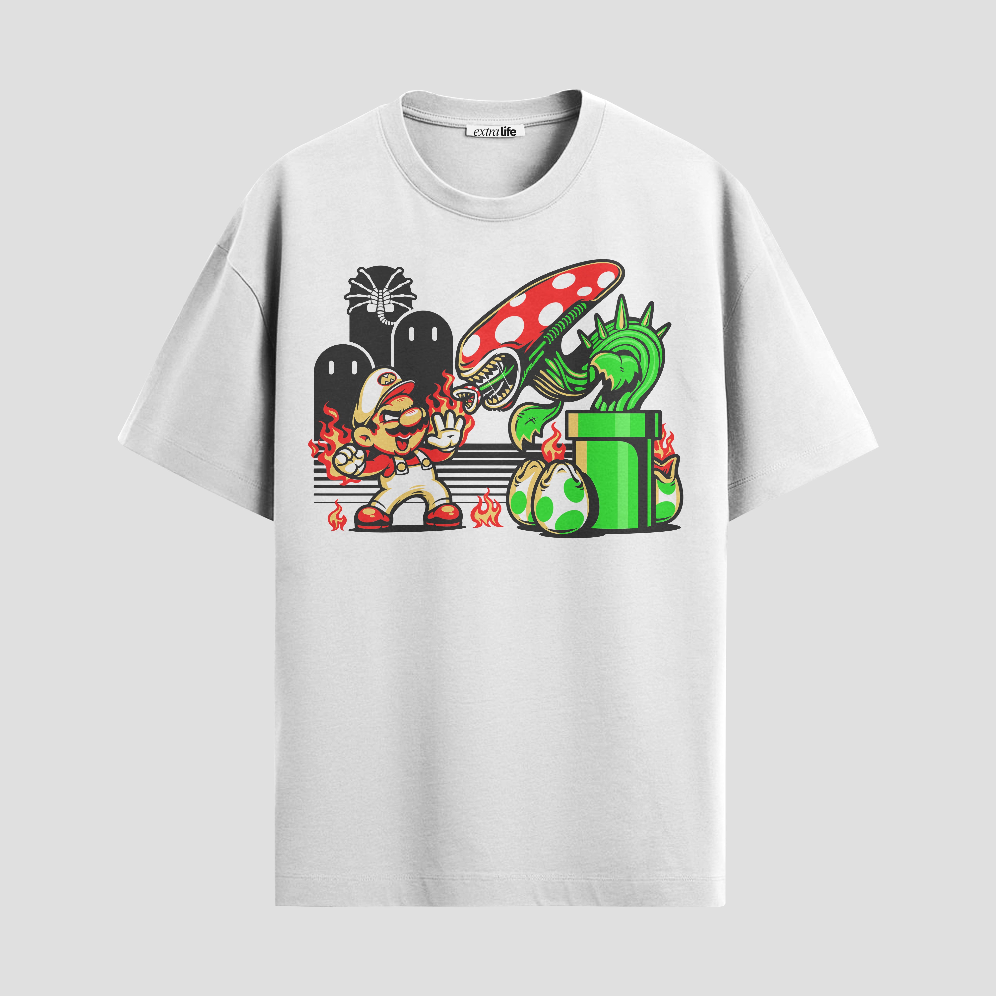 Playera urbana de anime y gaming ExtraLife MX, corte Standard Fit unisex ligero y transpirable en color Deep Black y Pure White, ropa de uso diario para gym y casual.