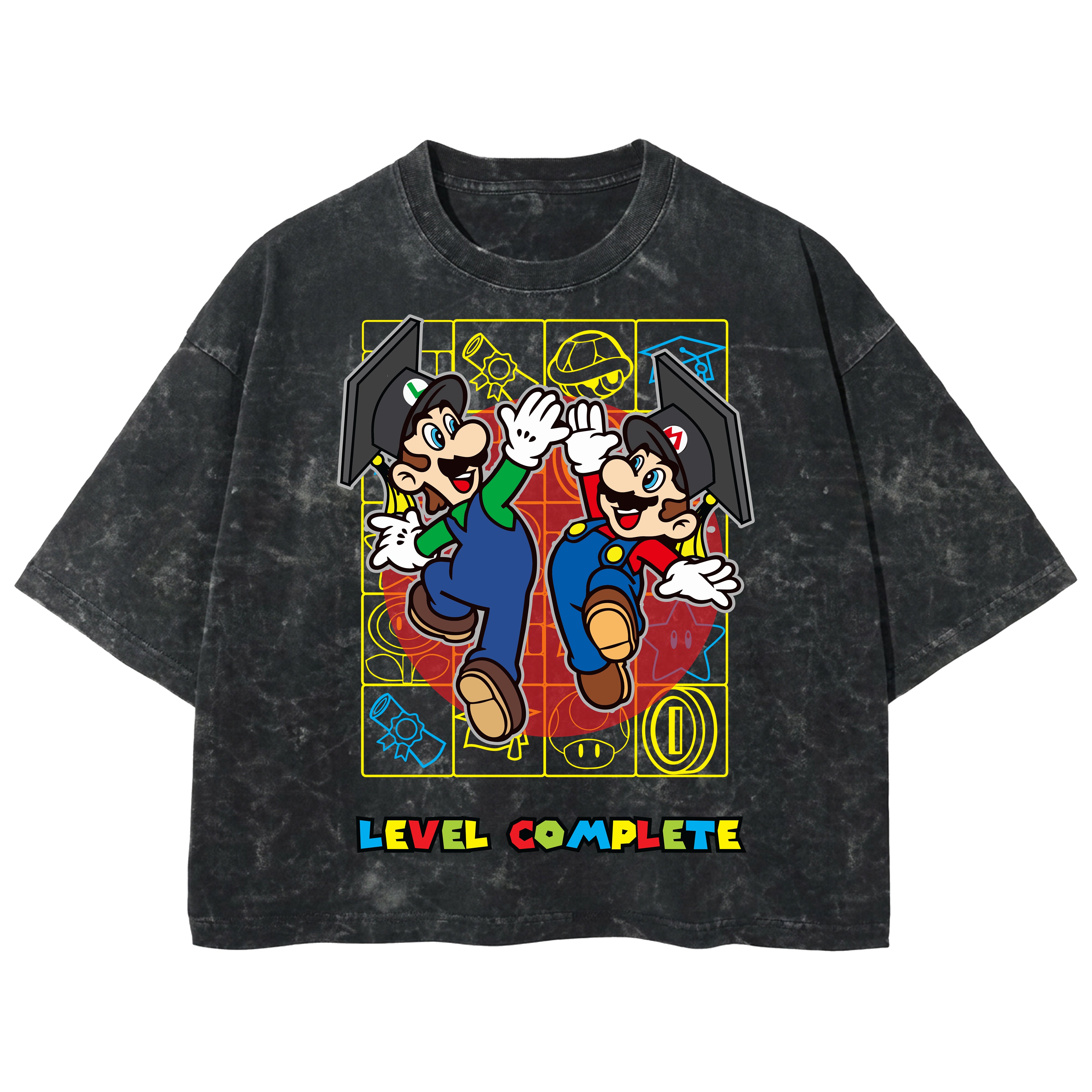 Playera streetwear premium de anime y gaming ExtraLife MX, corte boxy deluxe mineral wash heavyweight en color Acid Wash, moda urbana mexicana de culto.