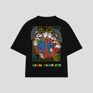 Playera streetwear premium de anime y gaming ExtraLife MX, corte boxy oversized drop shoulder heavyweight en color Deep Black y Off-White, moda urbana mexicana de culto.