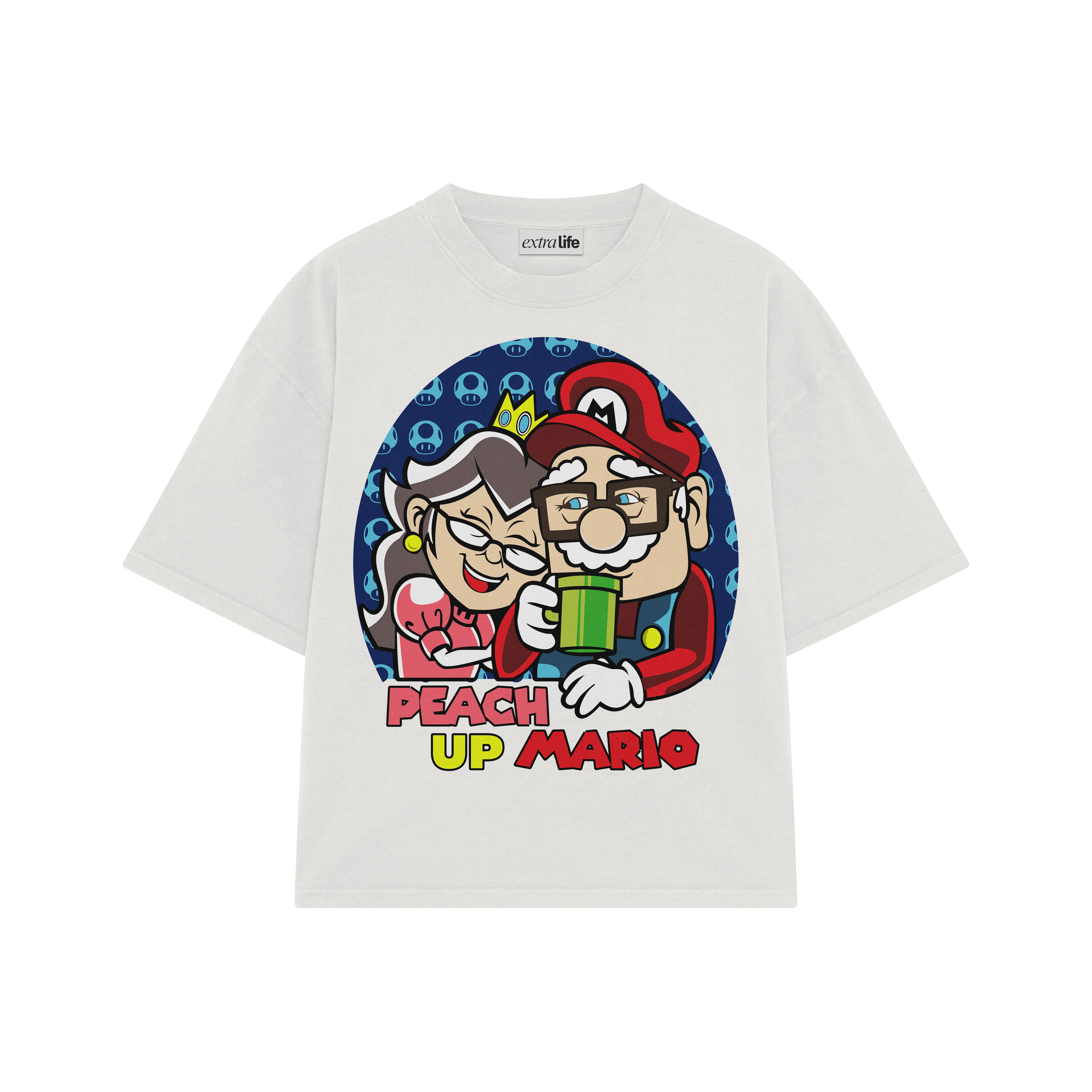 Playera streetwear premium de anime y gaming ExtraLife MX, corte boxy oversized drop shoulder heavyweight en color Deep Black y Off-White, moda urbana mexicana de culto.
