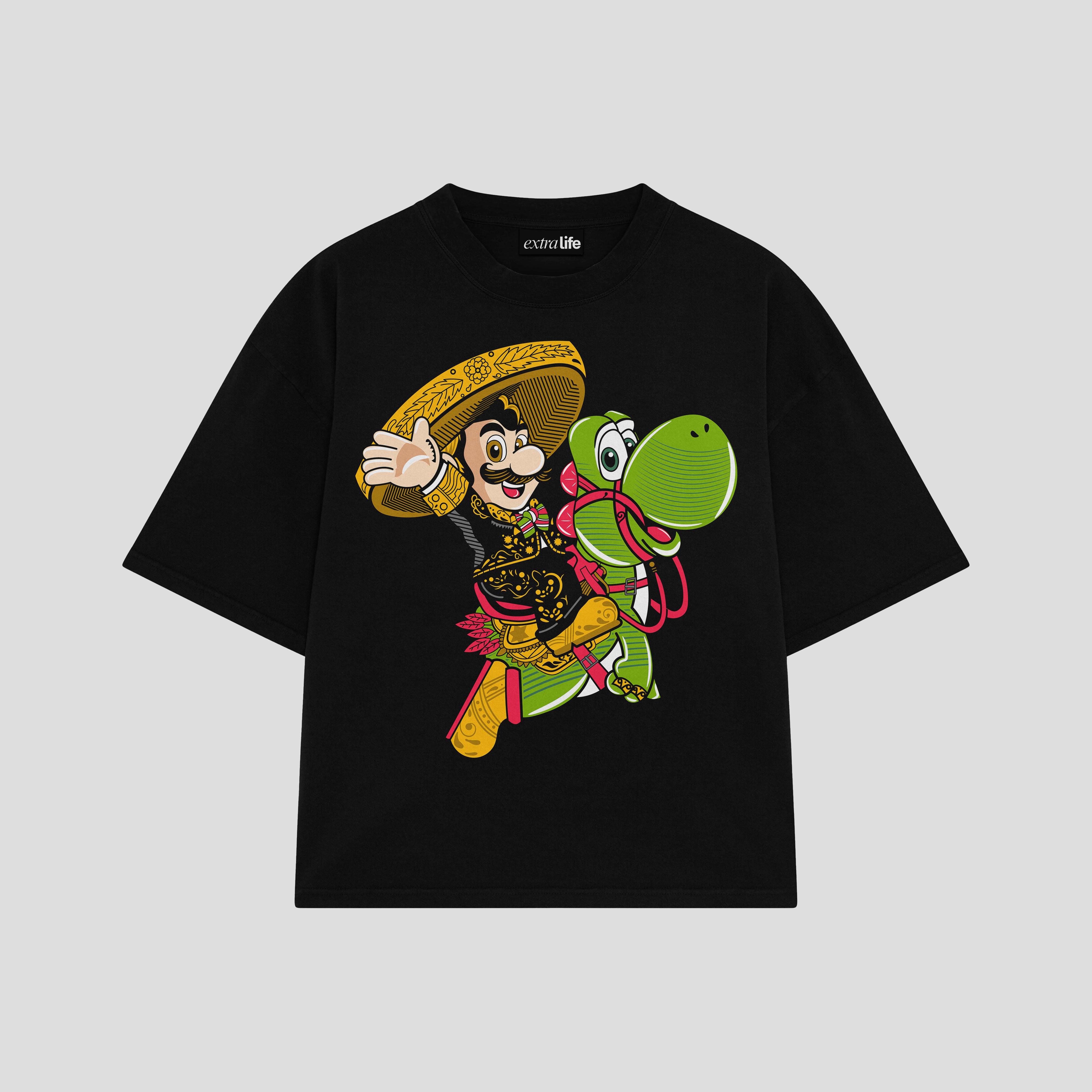 Playera streetwear premium de anime y gaming ExtraLife MX, corte boxy oversized drop shoulder heavyweight en color Deep Black y Off-White, moda urbana mexicana de culto.