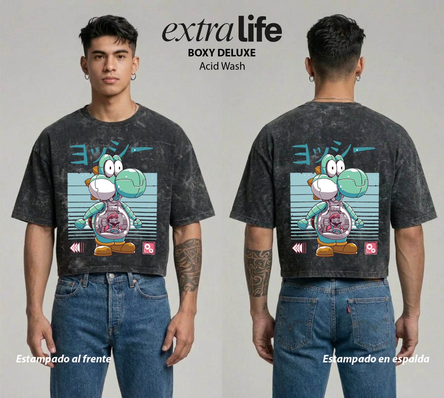 Playera streetwear premium de anime y gaming ExtraLife MX, corte boxy deluxe mineral wash heavyweight en color Acid Wash, moda urbana mexicana de culto.