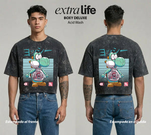 Playera streetwear premium de anime y gaming ExtraLife MX, corte boxy deluxe mineral wash heavyweight en color Acid Wash, moda urbana mexicana de culto.