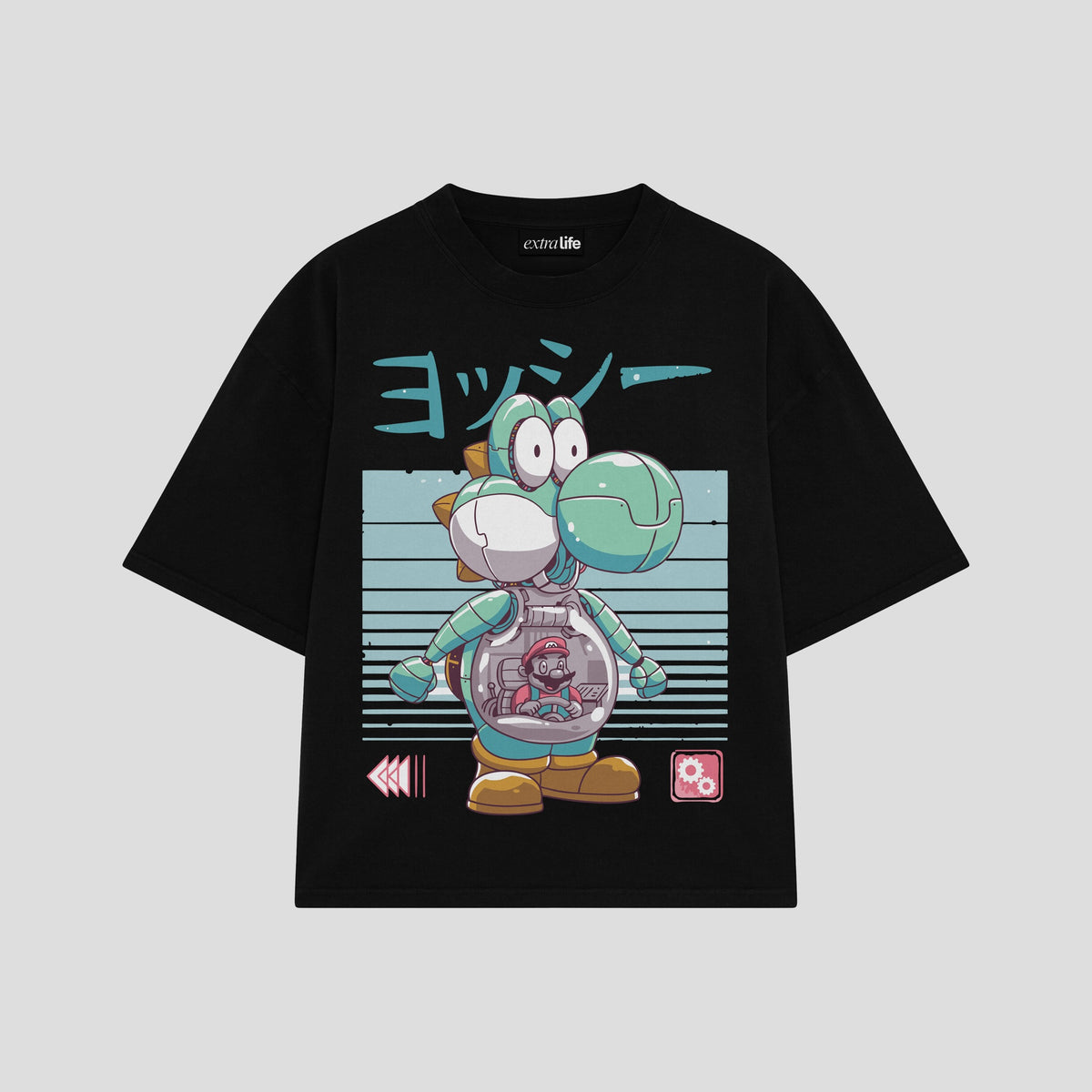 Playera streetwear premium de anime y gaming ExtraLife MX, corte oversized drop shoulder ligero y fresco en color Deep Black y Off-White, moda urbana mexicana de culto.
