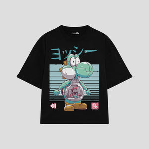 Playera streetwear premium de anime y gaming ExtraLife MX, corte boxy oversized drop shoulder heavyweight en color Deep Black y Off-White, moda urbana mexicana de culto.