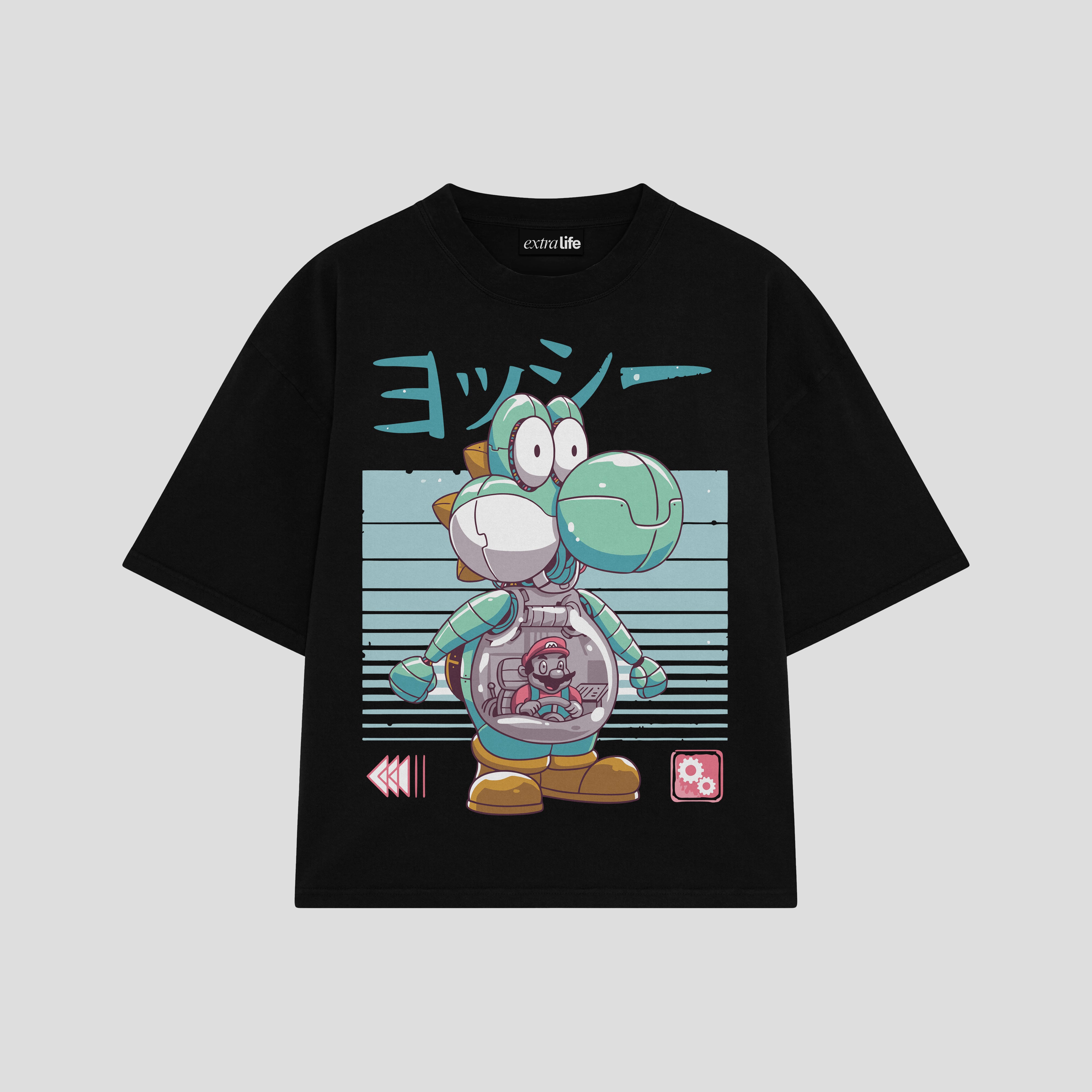 Playera streetwear premium de anime y gaming ExtraLife MX, corte boxy oversized drop shoulder heavyweight en color Deep Black y Off-White, moda urbana mexicana de culto.