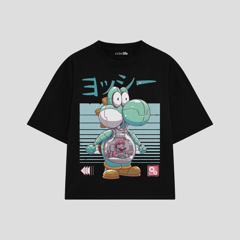 Playera streetwear premium de anime y gaming ExtraLife MX, corte boxy oversized drop shoulder heavyweight en color Deep Black y Off-White, moda urbana mexicana de culto.