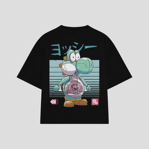Playera streetwear premium de anime y gaming ExtraLife MX, corte boxy oversized drop shoulder heavyweight en color Deep Black y Off-White, moda urbana mexicana de culto.