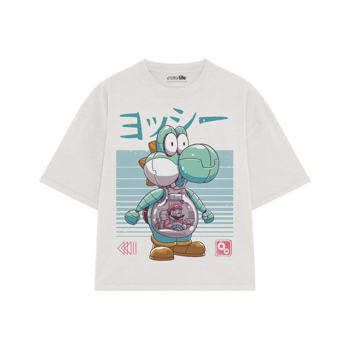Playera streetwear premium de anime y gaming ExtraLife MX, corte oversized drop shoulder ligero y fresco en color Deep Black y Off-White, moda urbana mexicana de culto.