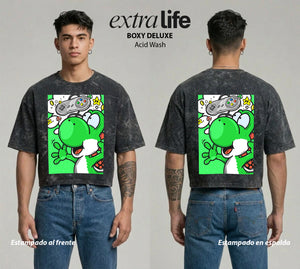 Playera streetwear premium de anime y gaming ExtraLife MX, corte boxy deluxe mineral wash heavyweight en color Acid Wash, moda urbana mexicana de culto.