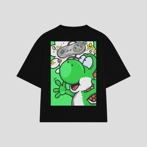 Playera streetwear premium de anime y gaming ExtraLife MX, corte boxy oversized drop shoulder heavyweight en color Deep Black y Off-White, moda urbana mexicana de culto.