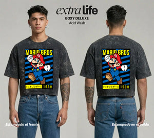 Playera streetwear premium de anime y gaming ExtraLife MX, corte boxy deluxe mineral wash heavyweight en color Acid Wash, moda urbana mexicana de culto.