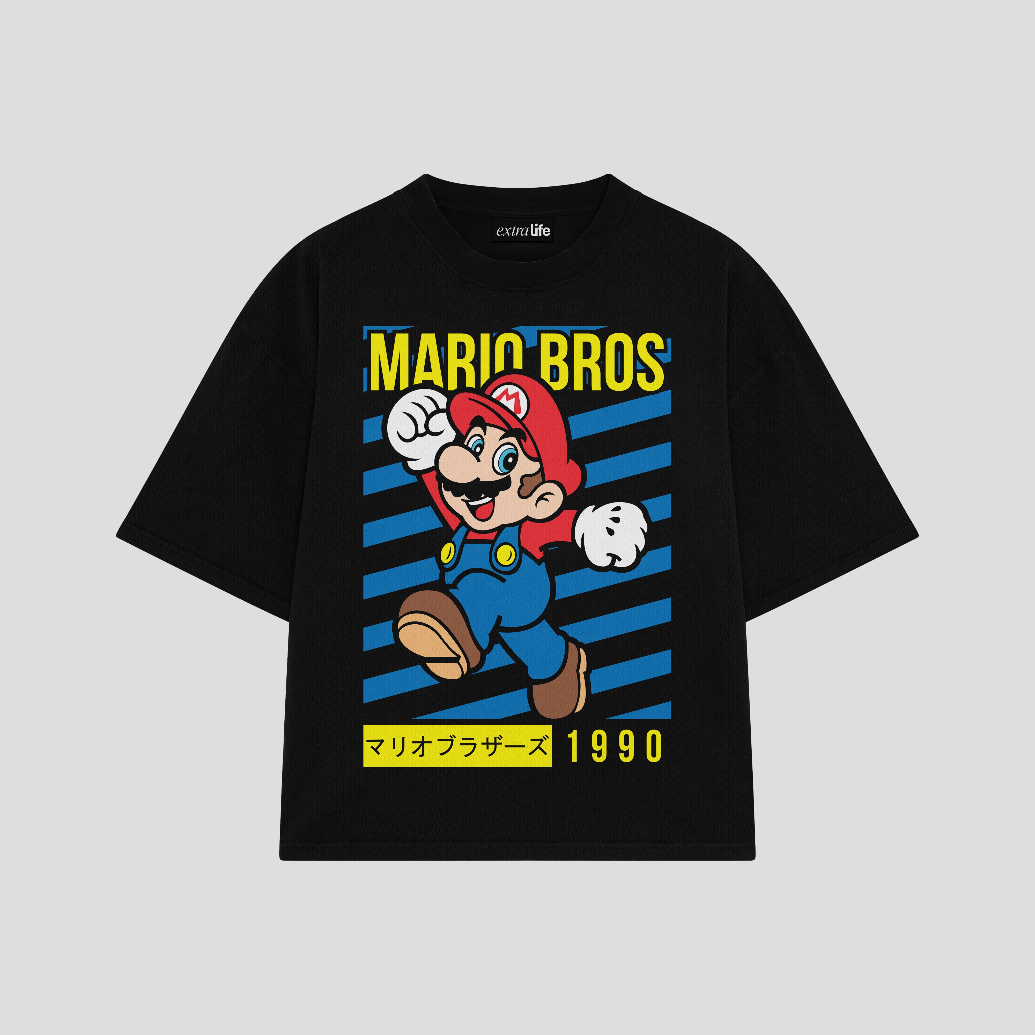Playera streetwear premium de anime y gaming ExtraLife MX, corte boxy oversized drop shoulder heavyweight en color Deep Black y Off-White, moda urbana mexicana de culto.