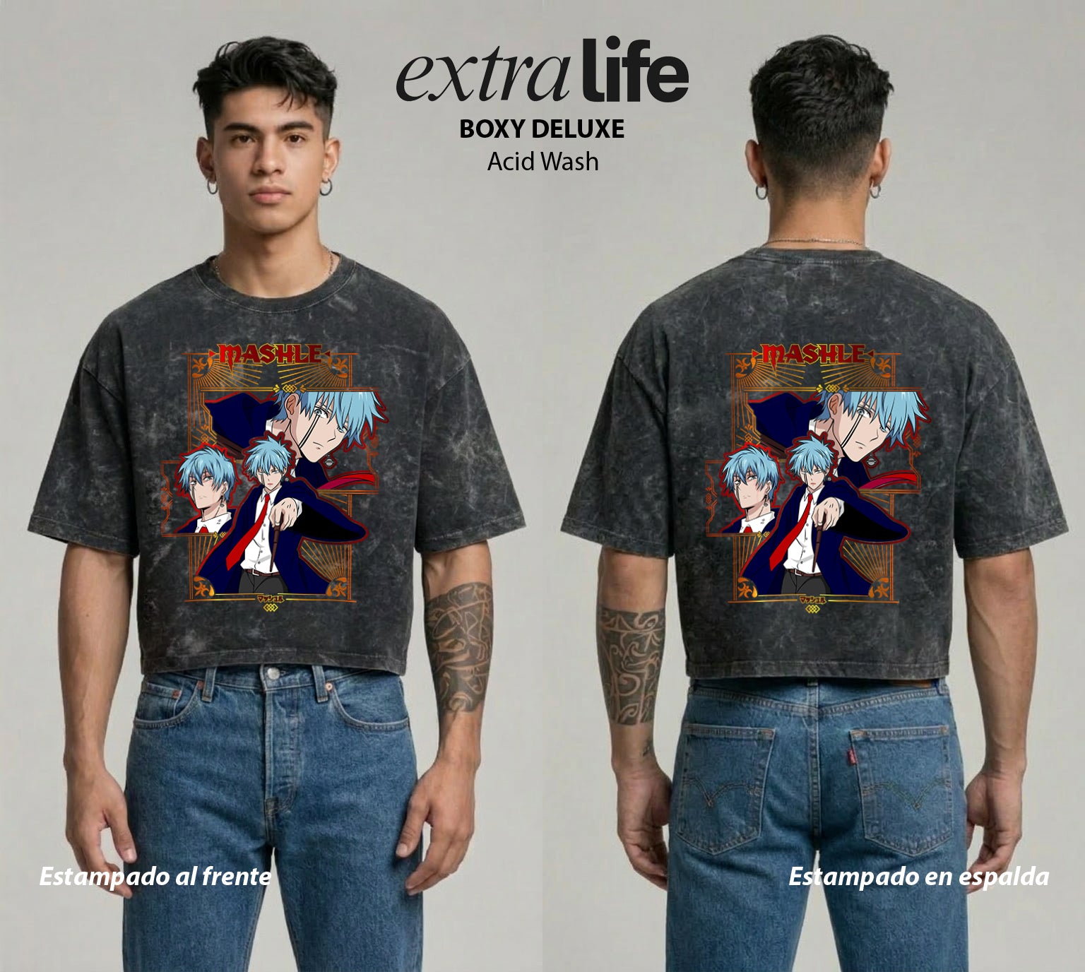 Playera streetwear premium de anime y gaming ExtraLife MX, corte boxy deluxe mineral wash heavyweight en color Acid Wash, moda urbana mexicana de culto.