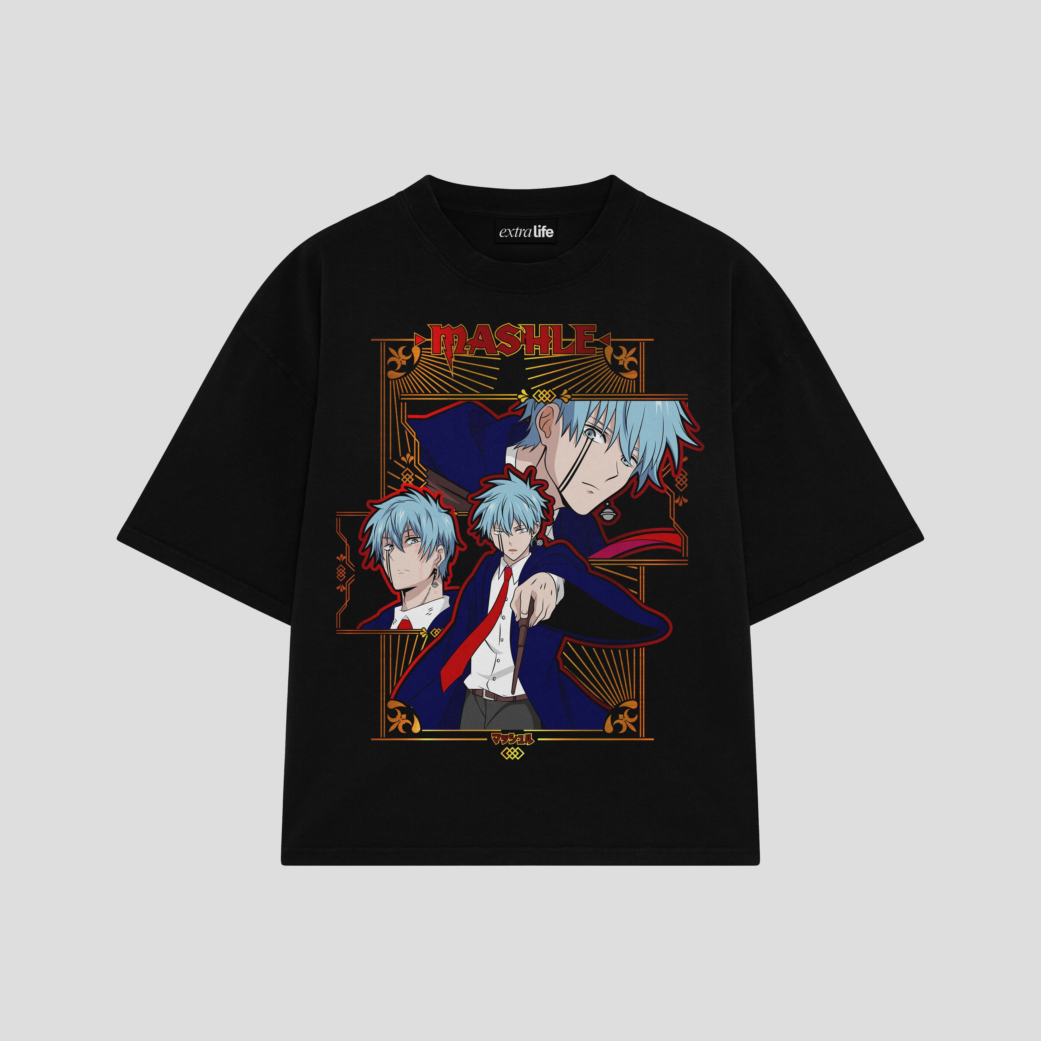 Playera streetwear premium de anime y gaming ExtraLife MX, corte boxy oversized drop shoulder heavyweight en color Deep Black y Off-White, moda urbana mexicana de culto.
