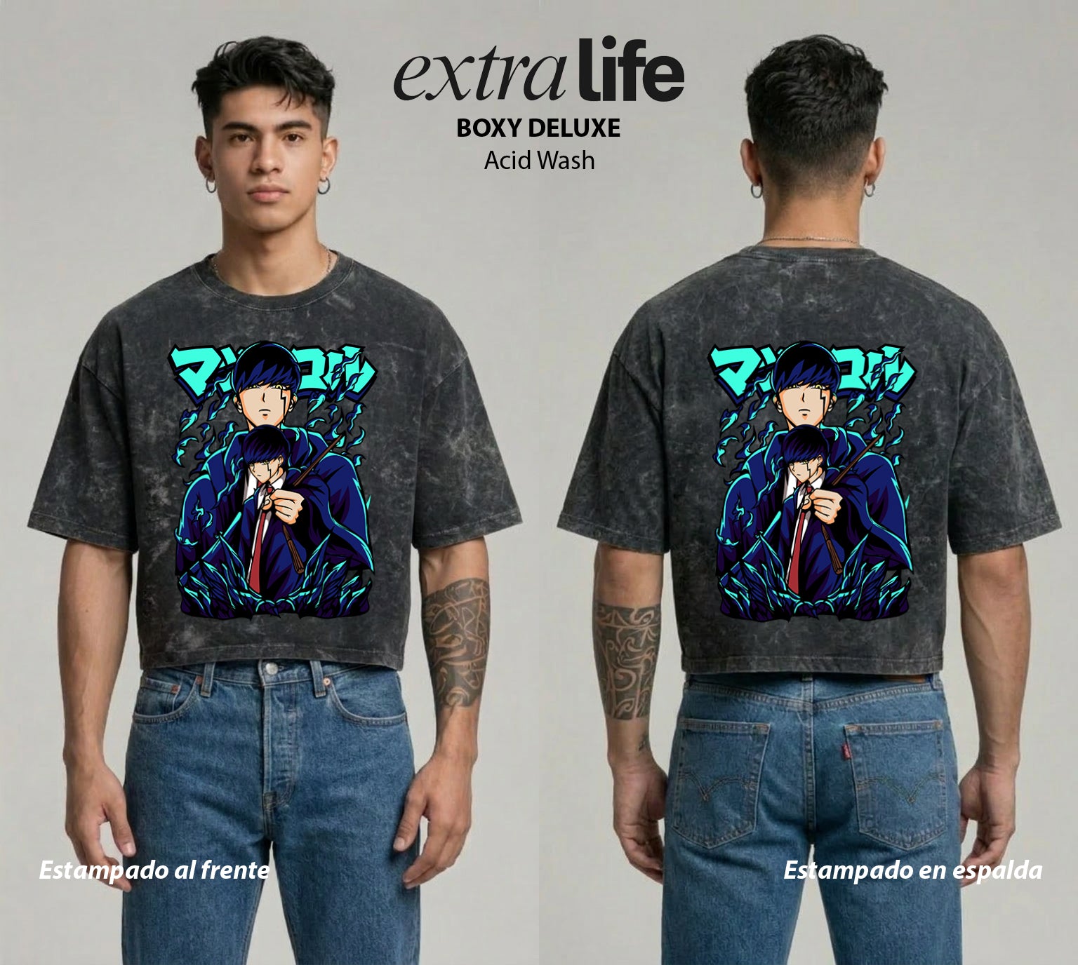 Playera streetwear premium de anime y gaming ExtraLife MX, corte boxy deluxe mineral wash heavyweight en color Acid Wash, moda urbana mexicana de culto.