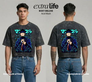 Playera streetwear premium de anime y gaming ExtraLife MX, corte boxy deluxe mineral wash heavyweight en color Acid Wash, moda urbana mexicana de culto.