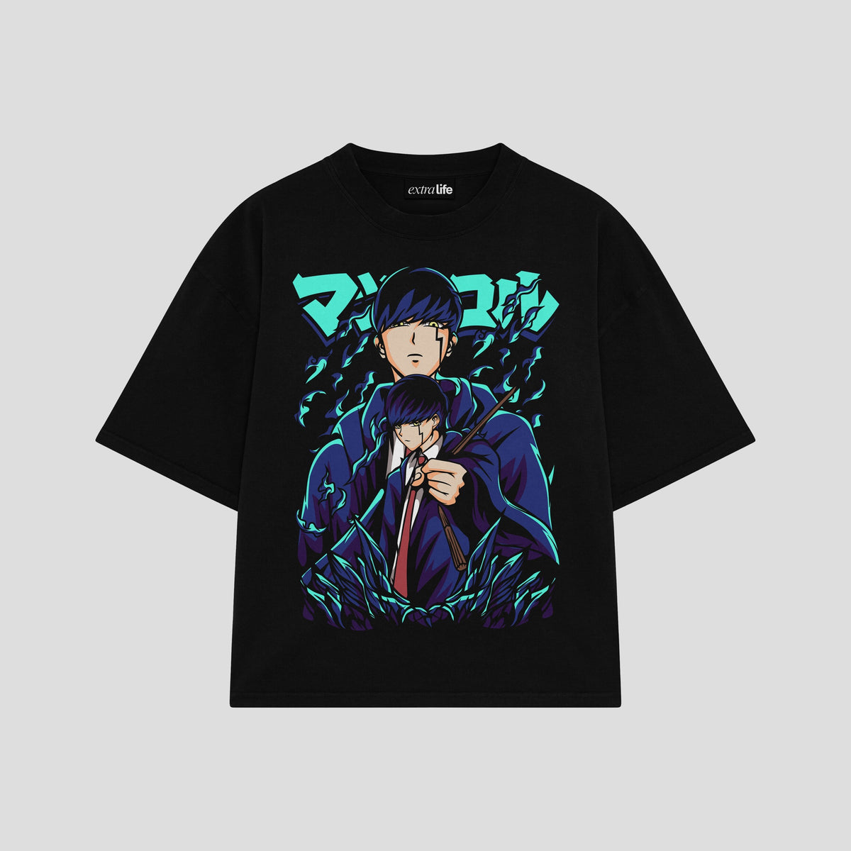 Playera streetwear premium de anime y gaming ExtraLife MX, corte oversized drop shoulder ligero y fresco en color Deep Black y Off-White, moda urbana mexicana de culto.