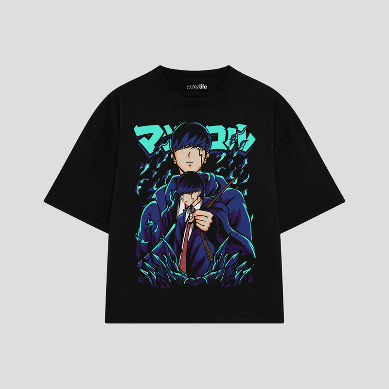 Playera streetwear premium de anime y gaming ExtraLife MX, corte boxy oversized drop shoulder heavyweight en color Deep Black y Off-White, moda urbana mexicana de culto.