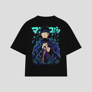 Playera streetwear premium de anime y gaming ExtraLife MX, corte boxy oversized drop shoulder heavyweight en color Deep Black y Off-White, moda urbana mexicana de culto.