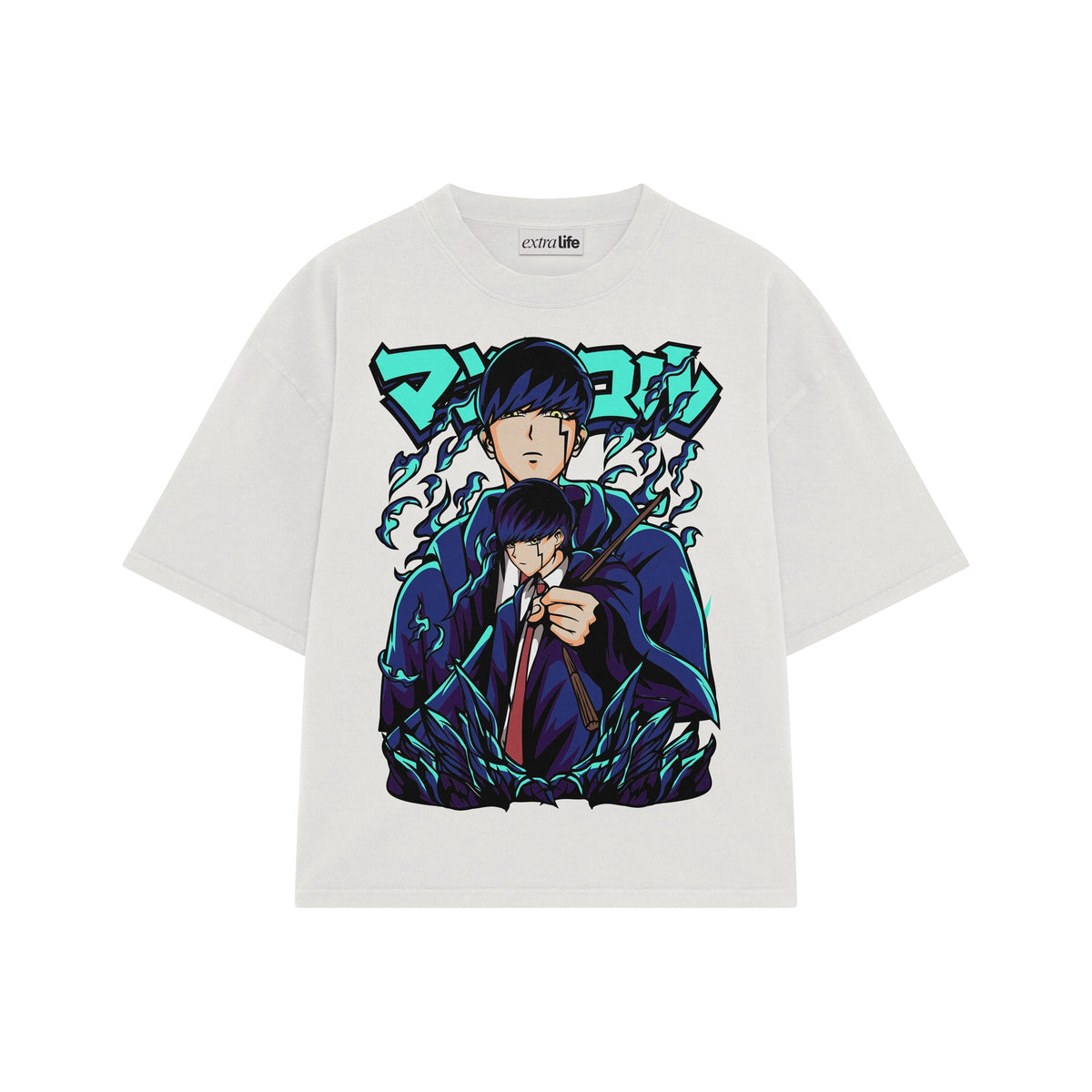 Playera streetwear premium de anime y gaming ExtraLife MX, corte oversized drop shoulder ligero y fresco en color Deep Black y Off-White, moda urbana mexicana de culto.