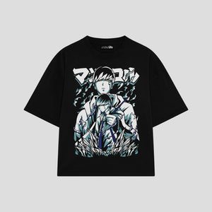 Playera streetwear premium de anime y gaming ExtraLife MX, corte boxy oversized drop shoulder heavyweight en color Deep Black y Off-White, moda urbana mexicana de culto.