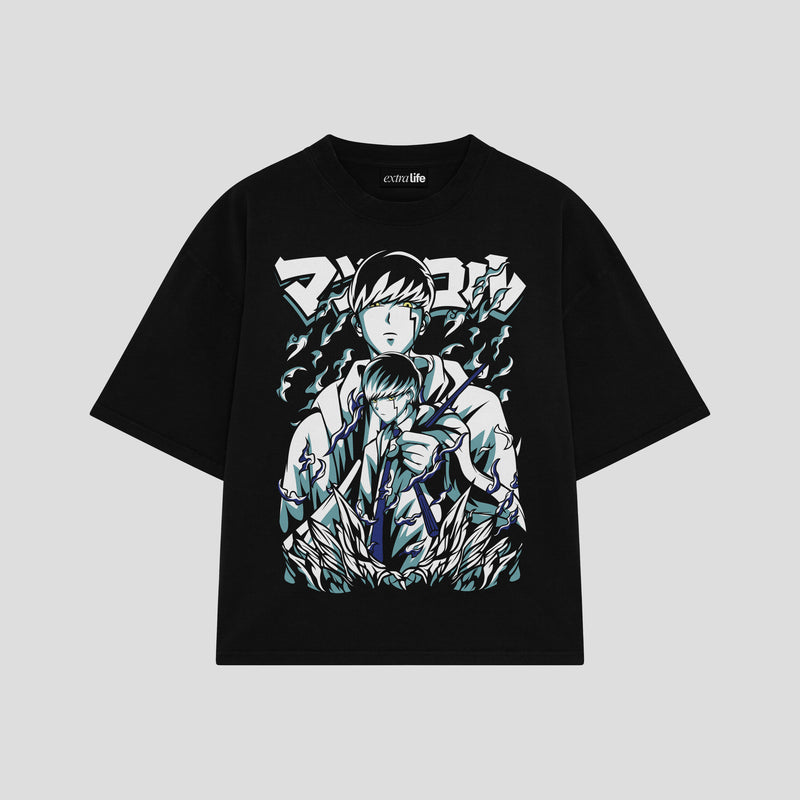 Playera streetwear premium de anime y gaming ExtraLife MX, corte boxy oversized drop shoulder heavyweight en color Deep Black y Off-White, moda urbana mexicana de culto.