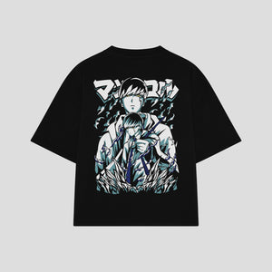 Playera streetwear premium de anime y gaming ExtraLife MX, corte boxy oversized drop shoulder heavyweight en color Deep Black y Off-White, moda urbana mexicana de culto.
