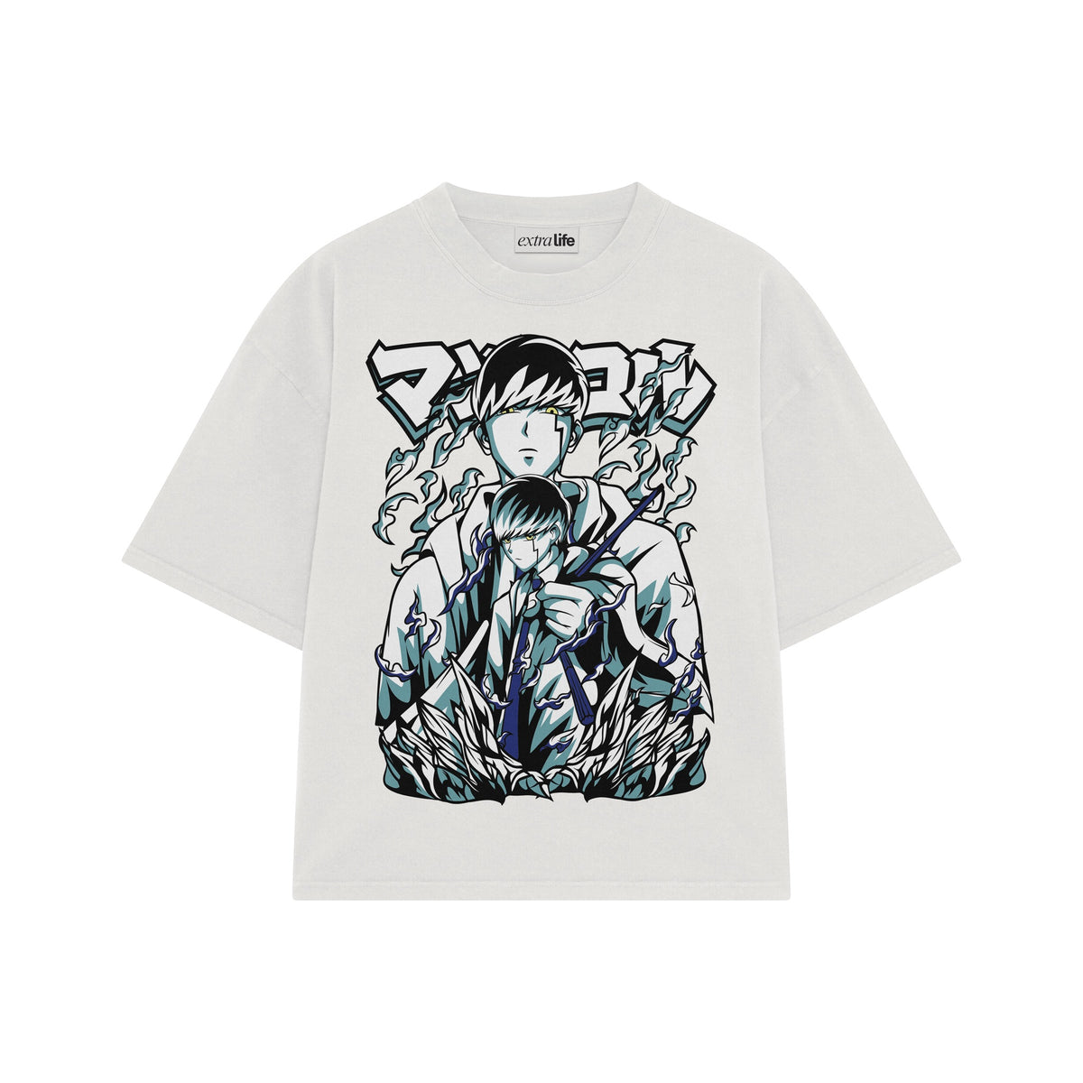 Playera streetwear premium de anime y gaming ExtraLife MX, corte oversized drop shoulder ligero y fresco en color Deep Black y Off-White, moda urbana mexicana de culto.