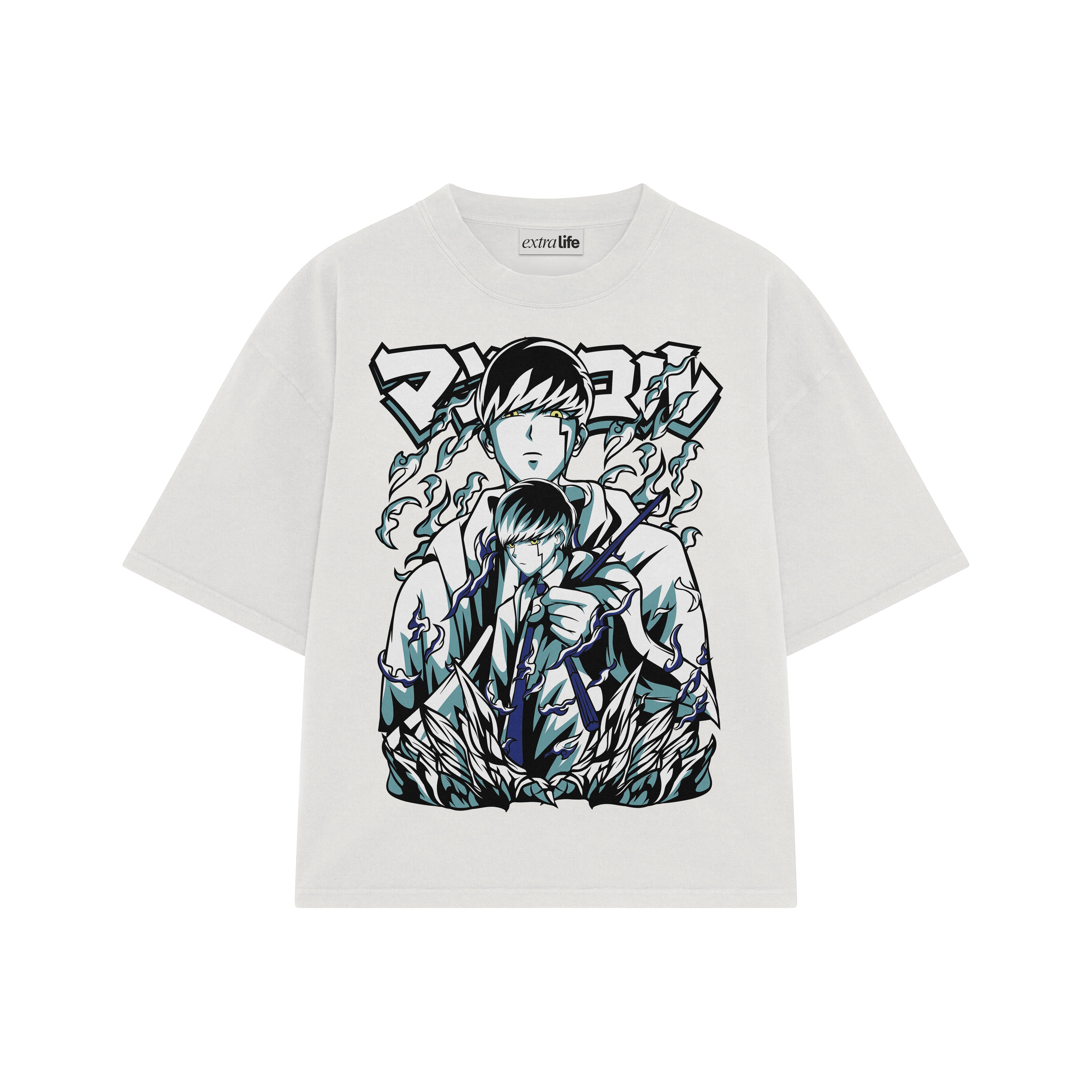 Playera streetwear premium de anime y gaming ExtraLife MX, corte boxy oversized drop shoulder heavyweight en color Deep Black y Off-White, moda urbana mexicana de culto.