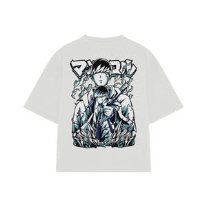 Playera streetwear premium de anime y gaming ExtraLife MX, corte boxy oversized drop shoulder heavyweight en color Deep Black y Off-White, moda urbana mexicana de culto.