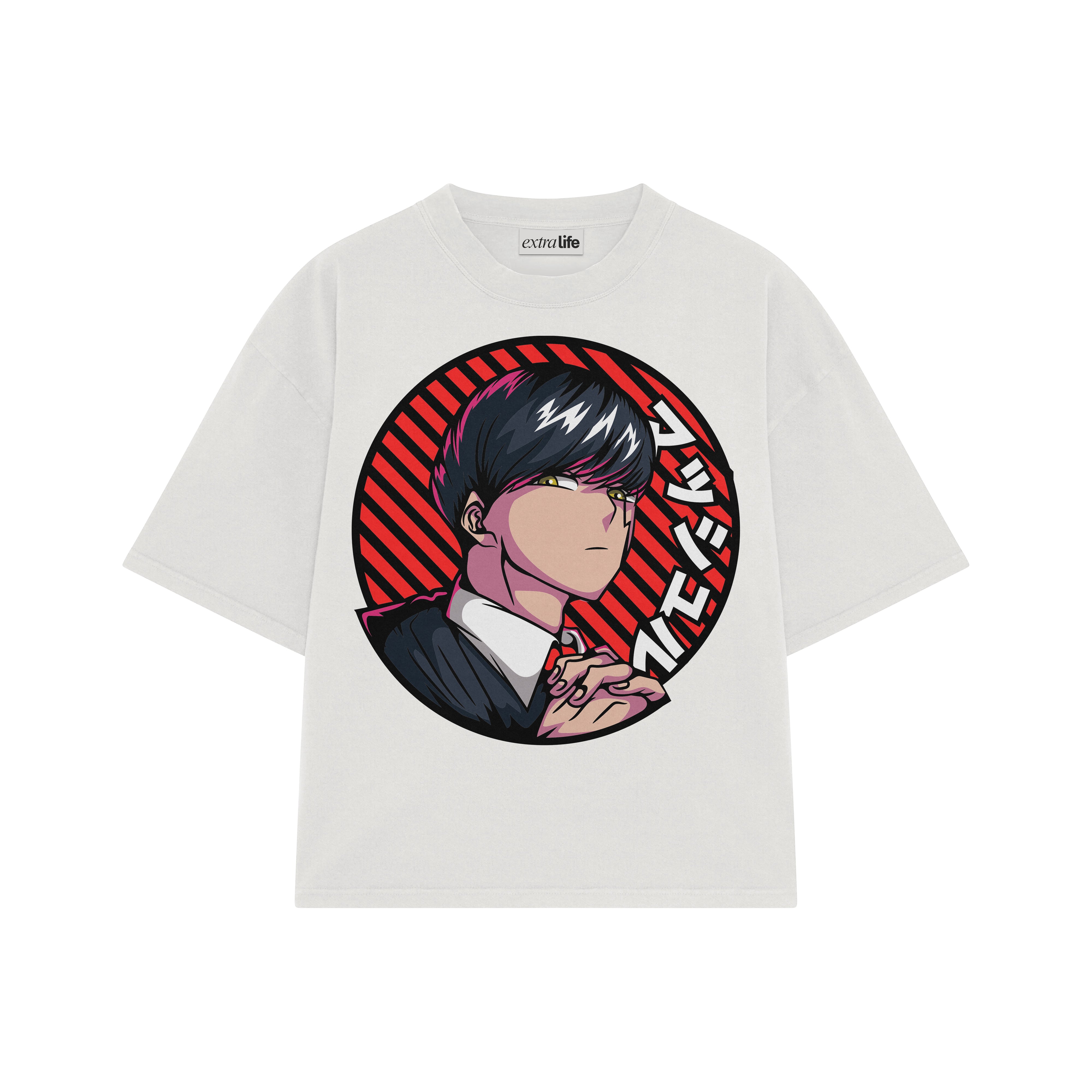 Playera streetwear premium de anime y gaming ExtraLife MX, corte boxy oversized drop shoulder heavyweight en color Deep Black y Off-White, moda urbana mexicana de culto.