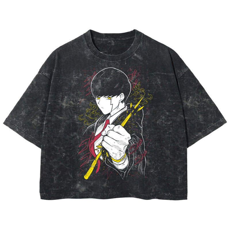 Playera streetwear premium de anime y gaming ExtraLife MX, corte boxy deluxe mineral wash heavyweight en color Acid Wash, moda urbana mexicana de culto.