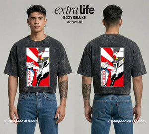 Playera streetwear premium de anime y gaming ExtraLife MX, corte boxy deluxe mineral wash heavyweight en color Acid Wash, moda urbana mexicana de culto.