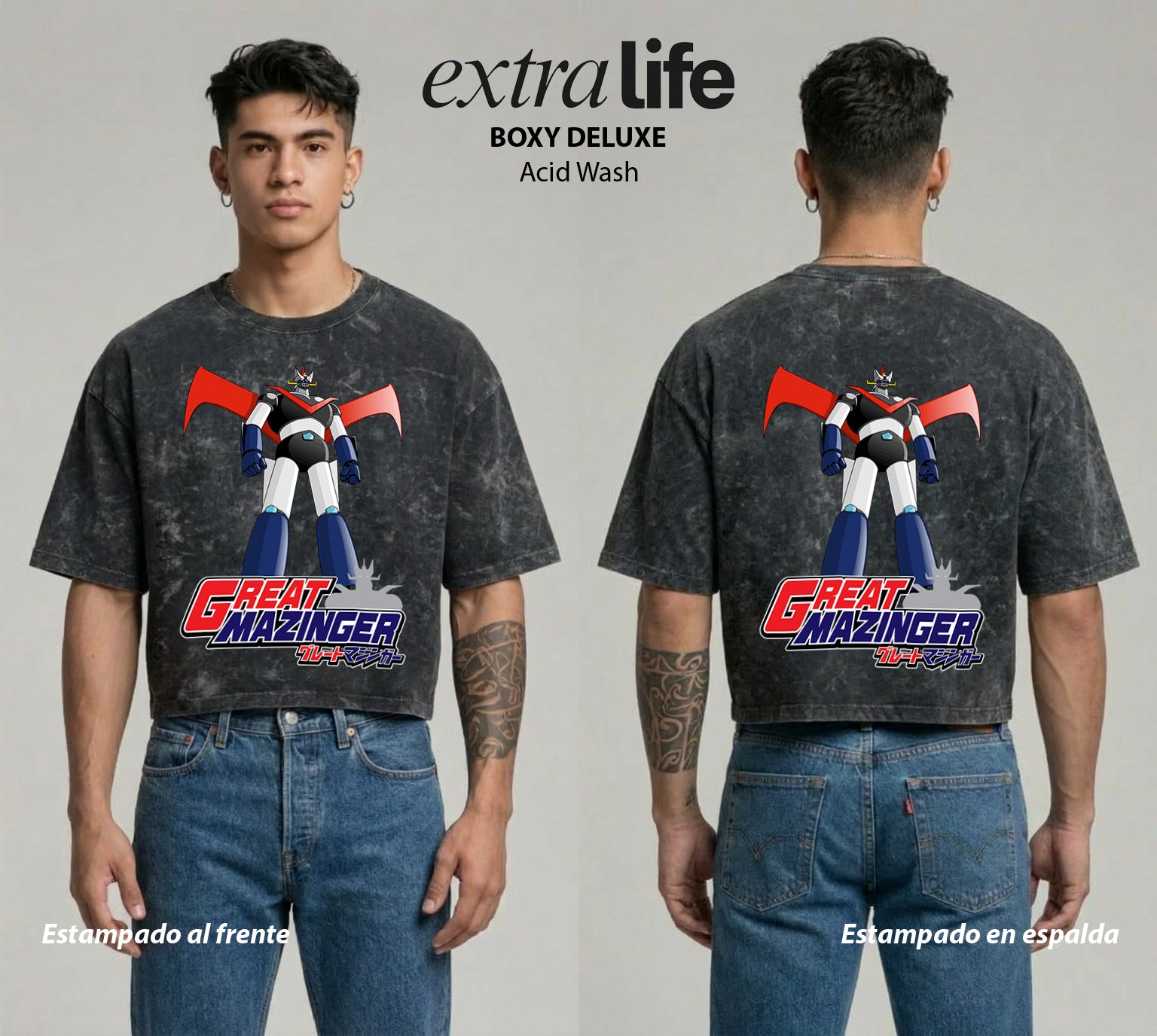 Playera streetwear premium de anime y gaming ExtraLife MX, corte boxy deluxe mineral wash heavyweight en color Acid Wash, moda urbana mexicana de culto.