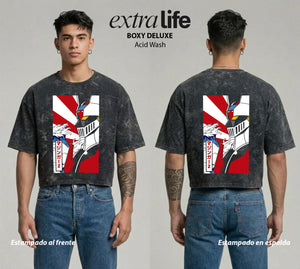 Playera streetwear premium de anime y gaming ExtraLife MX, corte boxy deluxe mineral wash heavyweight en color Acid Wash, moda urbana mexicana de culto.