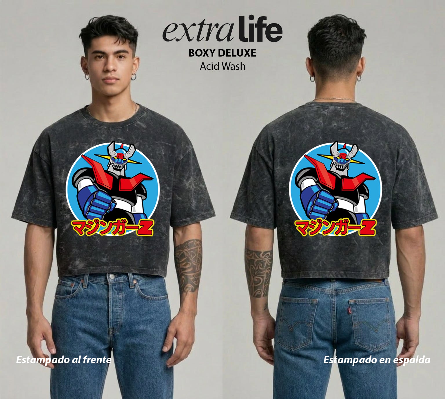 Playera streetwear premium de anime y gaming ExtraLife MX, corte boxy deluxe mineral wash heavyweight en color Acid Wash, moda urbana mexicana de culto.