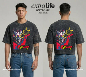 Playera streetwear premium de anime y gaming ExtraLife MX, corte boxy deluxe mineral wash heavyweight en color Acid Wash, moda urbana mexicana de culto.
