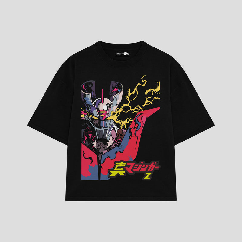 Playera streetwear premium de anime y gaming ExtraLife MX, corte boxy oversized drop shoulder heavyweight en color Deep Black y Off-White, moda urbana mexicana de culto.