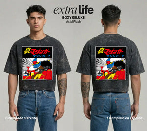 Playera streetwear premium de anime y gaming ExtraLife MX, corte boxy deluxe mineral wash heavyweight en color Acid Wash, moda urbana mexicana de culto.