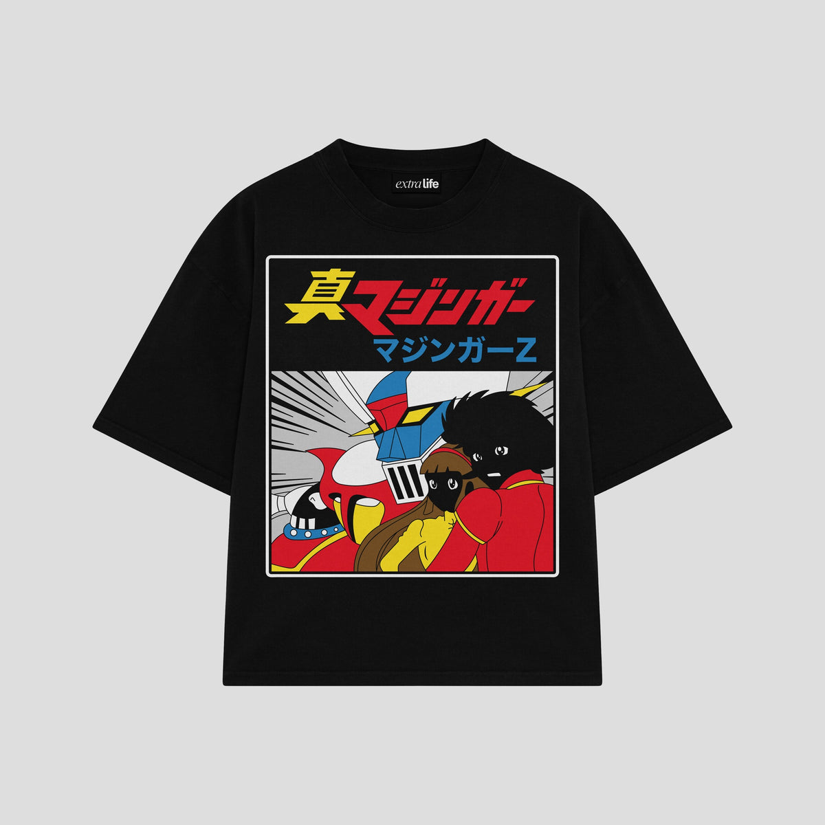 Playera streetwear premium de anime y gaming ExtraLife MX, corte oversized drop shoulder ligero y fresco en color Deep Black y Off-White, moda urbana mexicana de culto.