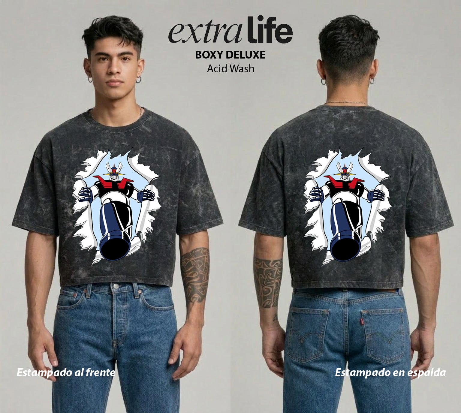 Playera streetwear premium de anime y gaming ExtraLife MX, corte boxy deluxe mineral wash heavyweight en color Acid Wash, moda urbana mexicana de culto.