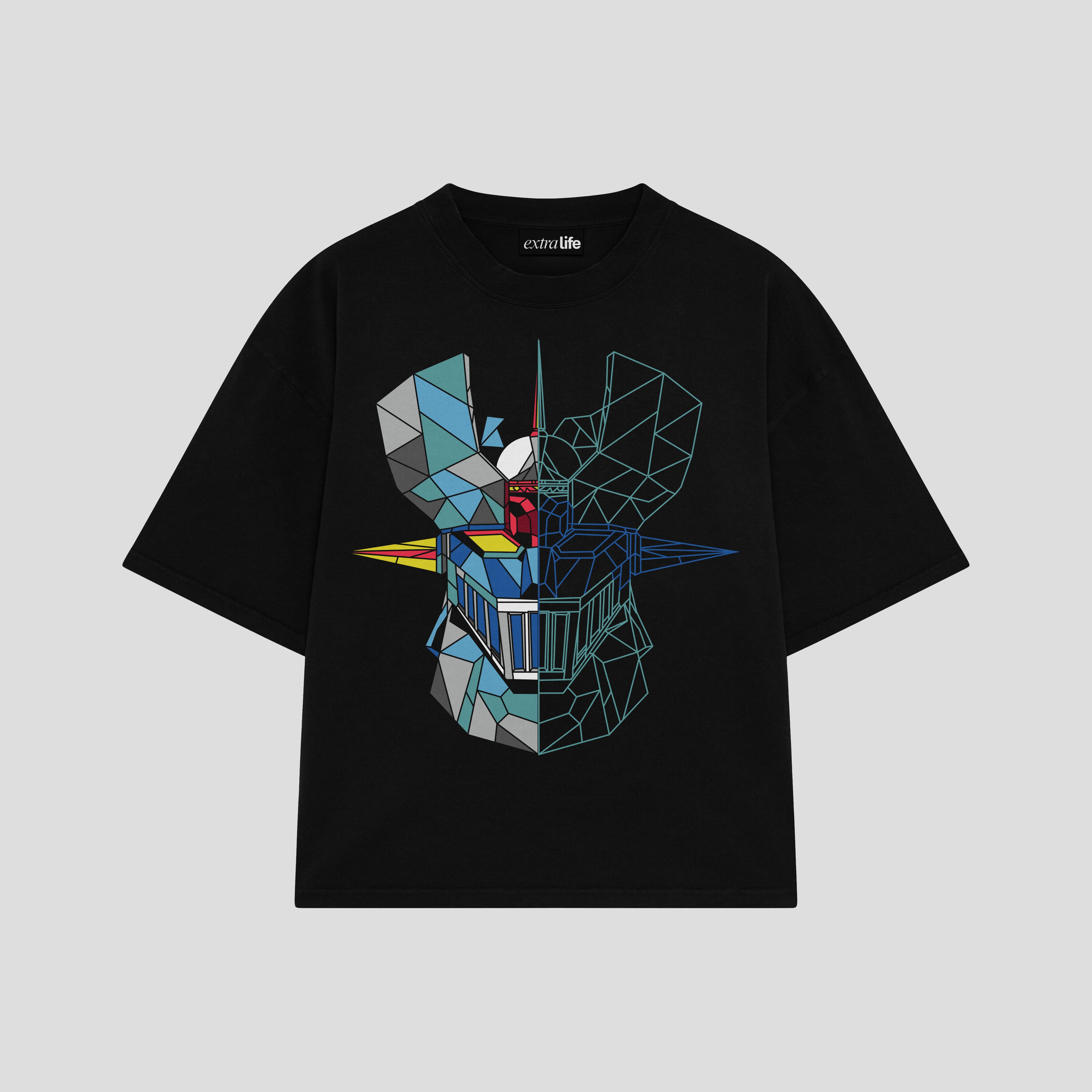 Playera streetwear premium de anime y gaming ExtraLife MX, corte boxy oversized drop shoulder heavyweight en color Deep Black y Off-White, moda urbana mexicana de culto.