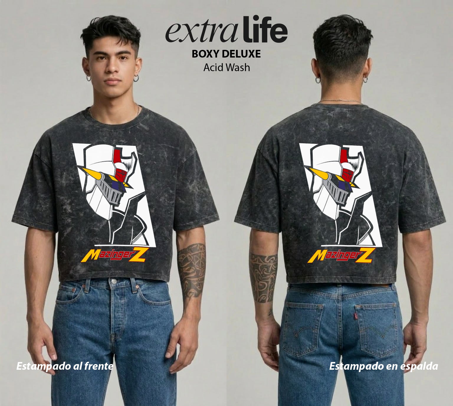 Playera streetwear premium de anime y gaming ExtraLife MX, corte boxy deluxe mineral wash heavyweight en color Acid Wash, moda urbana mexicana de culto.