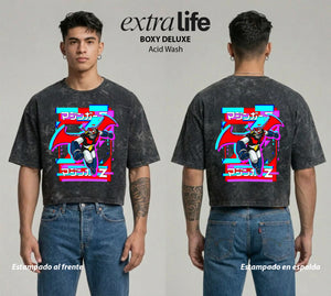Playera streetwear premium de anime y gaming ExtraLife MX, corte boxy deluxe mineral wash heavyweight en color Acid Wash, moda urbana mexicana de culto.