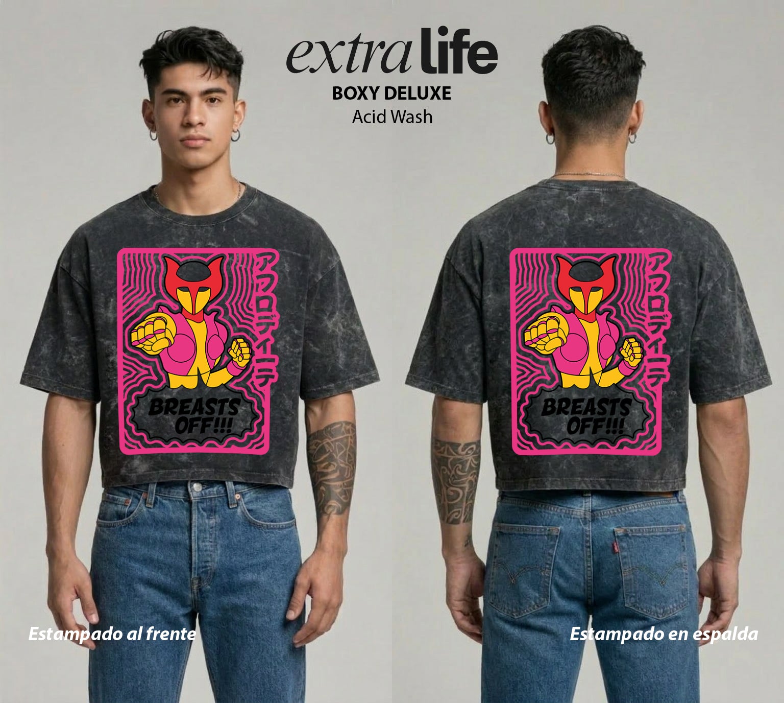 Playera streetwear premium de anime y gaming ExtraLife MX, corte boxy deluxe mineral wash heavyweight en color Acid Wash, moda urbana mexicana de culto.