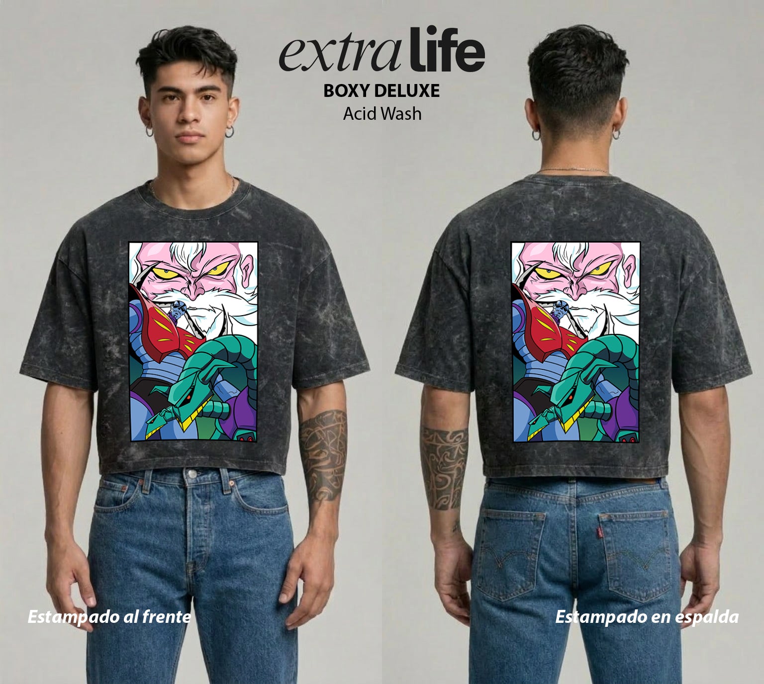 Playera streetwear premium de anime y gaming ExtraLife MX, corte boxy deluxe mineral wash heavyweight en color Acid Wash, moda urbana mexicana de culto.